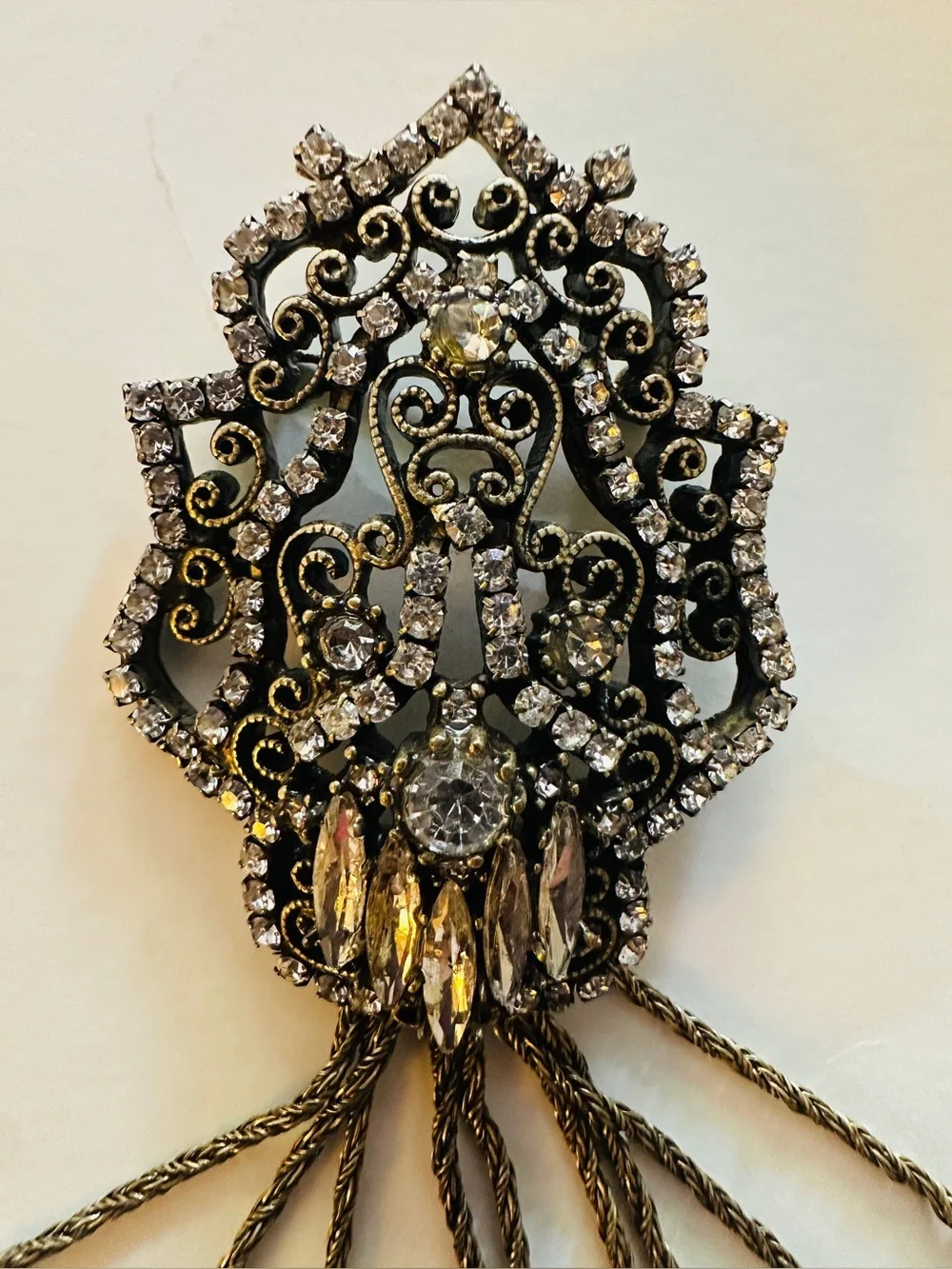 Banana Republic Broach Pin Vintage Dark Metal Filigree Chain Marquee Rhinestones